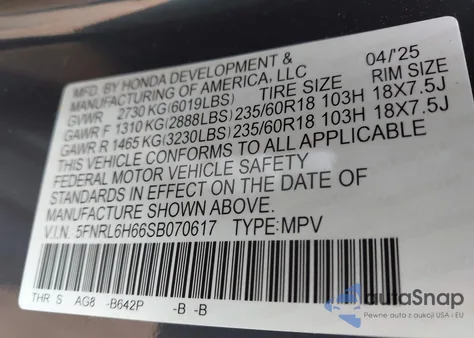 2025 Honda Odyssey Ex-L from USA, damaged, VIN 5FNRL6H66SB070617